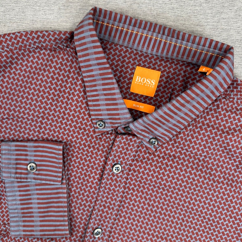 Hugo Boss Shirt Mens L Slim Fit Burgundy Geometric AOP Orange Label Button Down